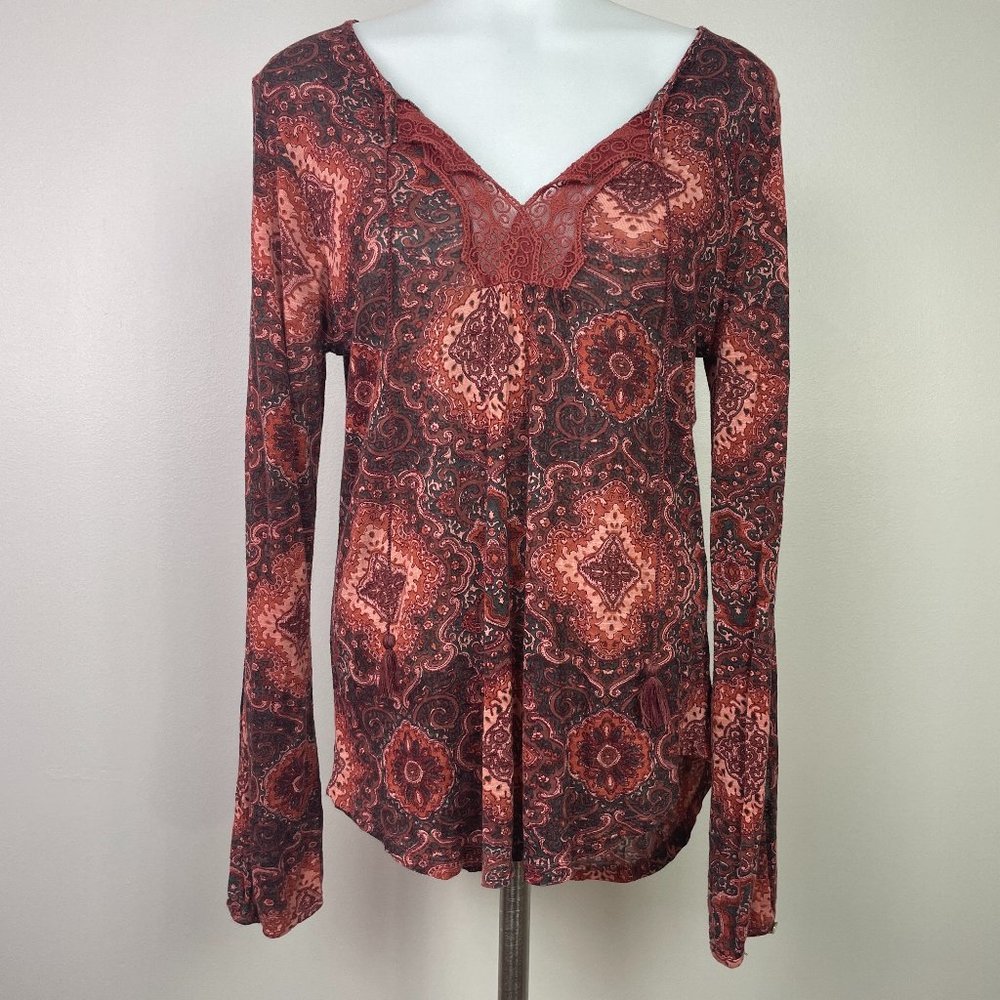 Lucky Brand Top Small paisley Red Gray Tie-Neck Embroidered Split-Sleeve Women's
